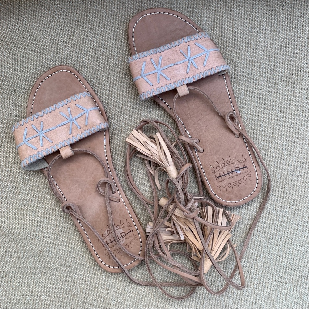 Minda Embroidered Ankle-Tie Leather Sandals Moroccan Sandals Anthropologie NWT